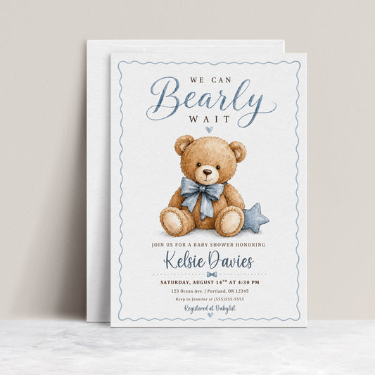 We can bearly wait baby shower invitation with watercolor teddy bear, blue bow tie, stitched star pillow, scalloped border, and soft blue baby boy details
