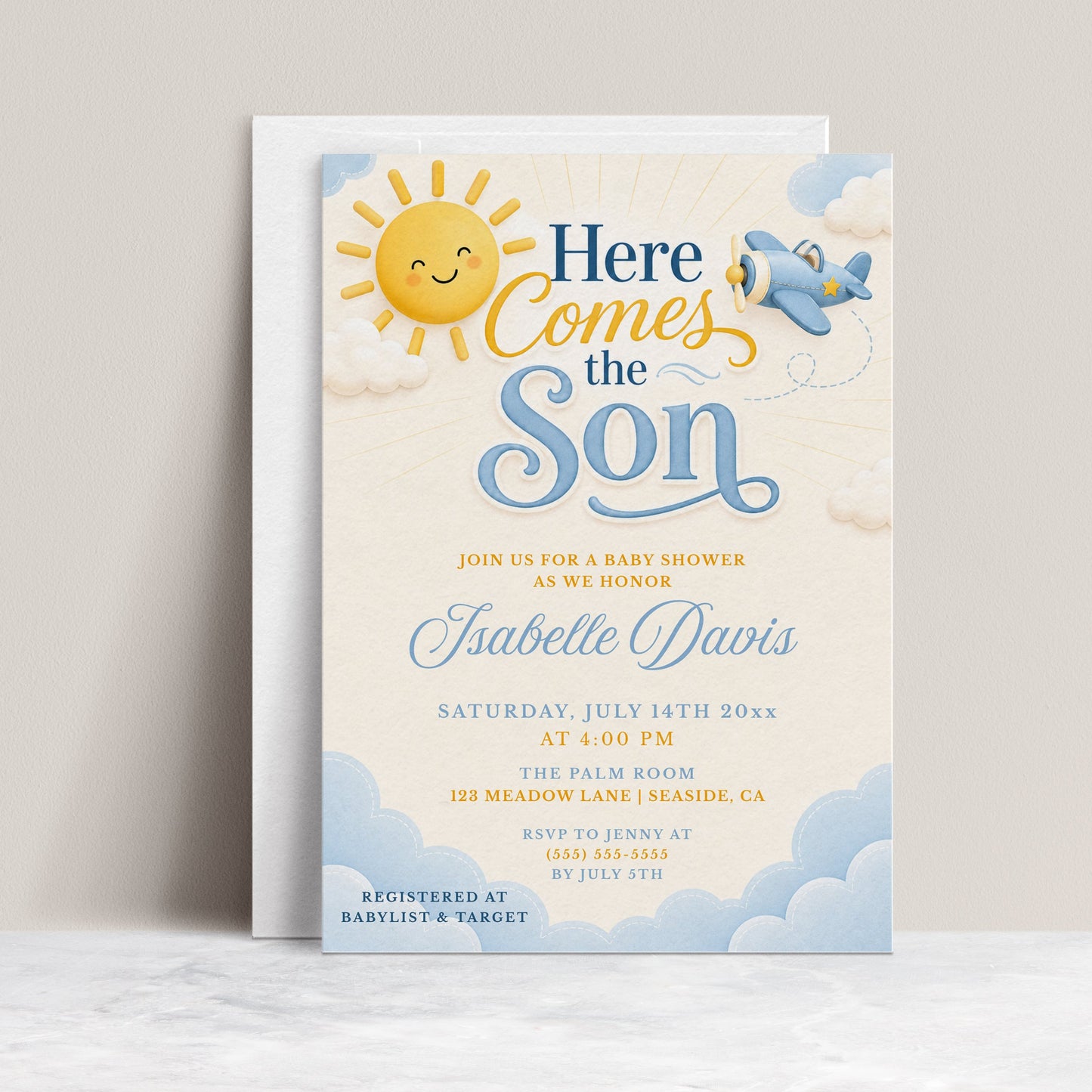 Editable here comes the son baby shower invitation Canva template with smiling sun, blue toy airplane, fluffy clouds, and bold navy and sky blue typography on a soft cream background, shown as a flat lay mockup