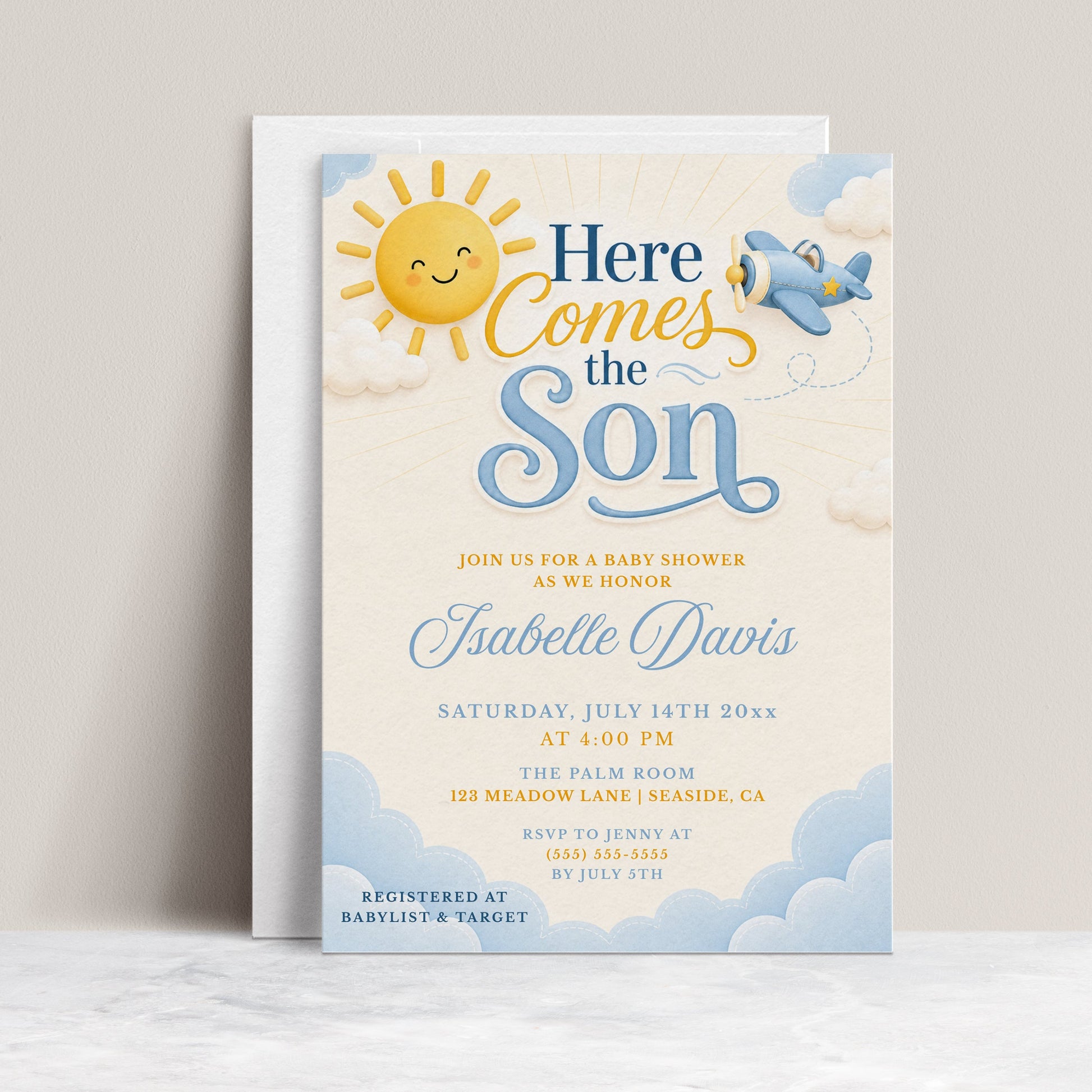 Editable here comes the son baby shower invitation Canva template with smiling sun, blue toy airplane, fluffy clouds, and bold navy and sky blue typography on a soft cream background, shown as a flat lay mockup