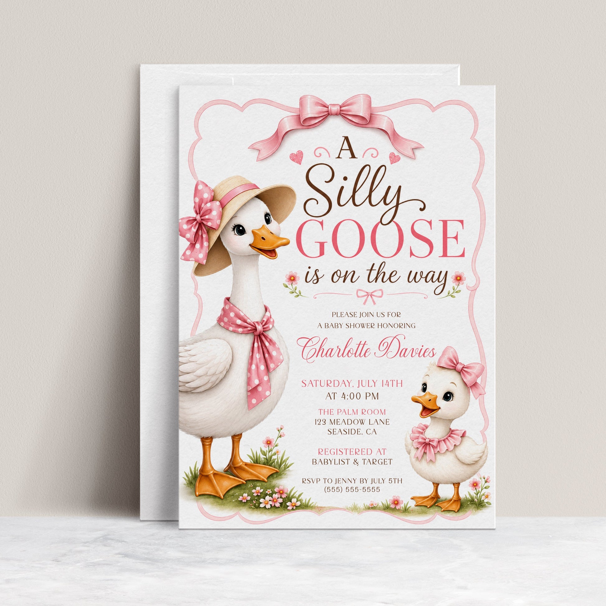 Editable silly goose baby shower invitation Canva template with illustrated mama goose in straw hat and polka dot bow, baby gosling with pink ruffle bow, wildflowers, and satin pink bow frame on a white background