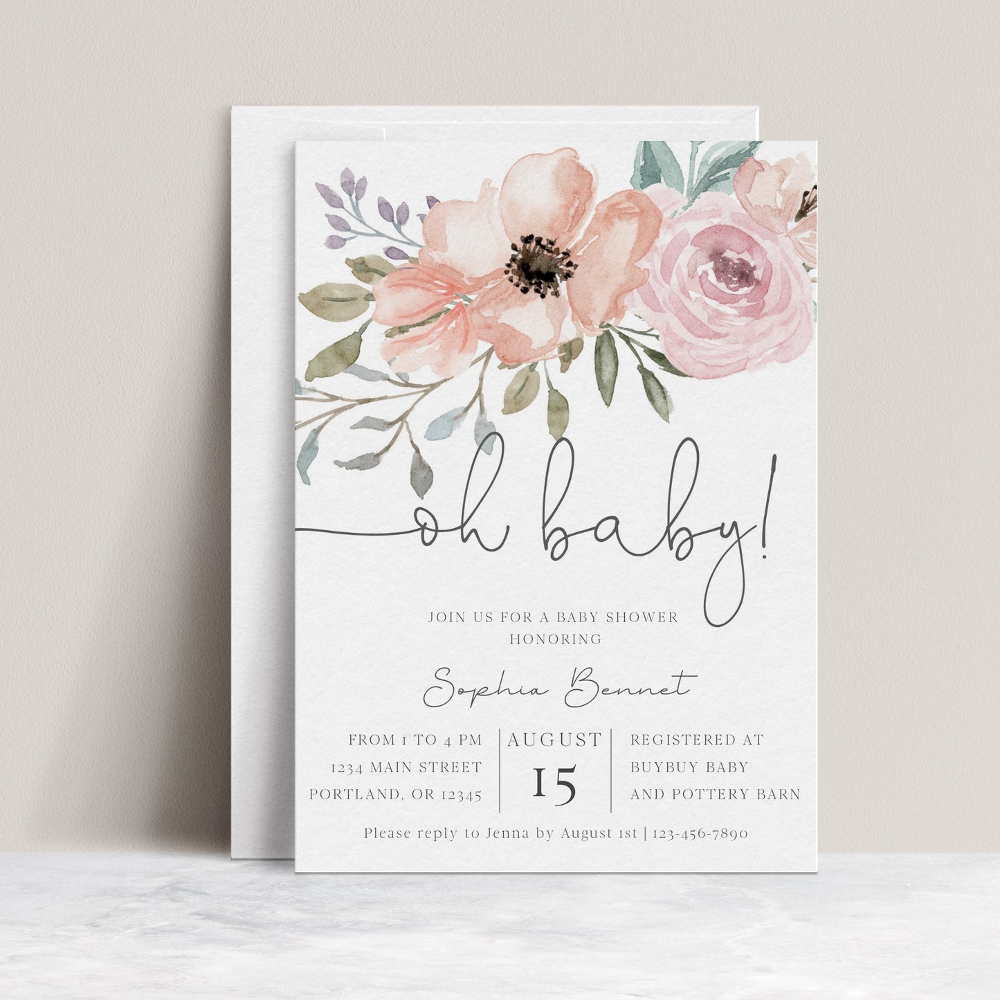 Oh baby floral baby shower invitation with watercolor blush and dusty rose flowers and greenery in soft pink and sage