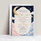Twinkle twinkle little star gender reveal invitation with a moon, gold stars, and pink and blue clouds