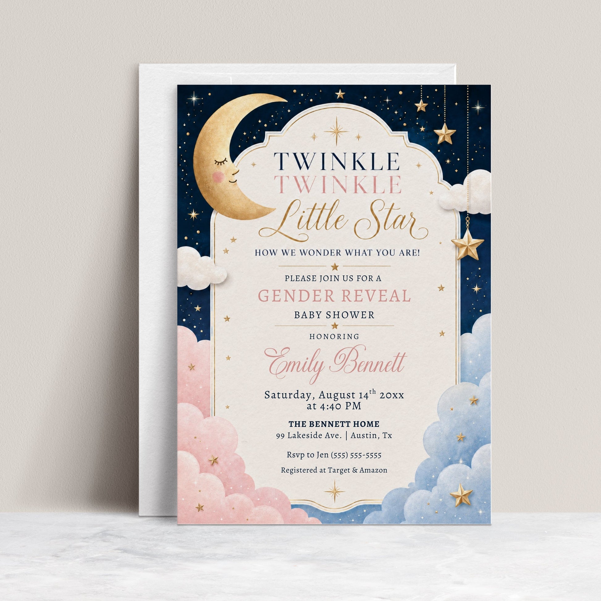 Twinkle twinkle little star gender reveal invitation with a moon, gold stars, and pink and blue clouds