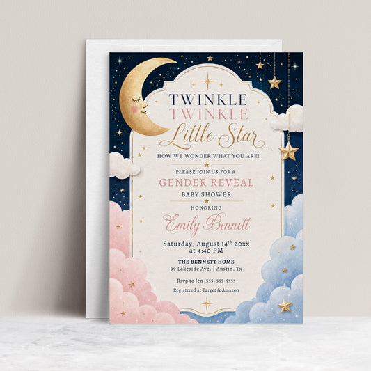 Twinkle twinkle little star gender reveal invitation with a moon, gold stars, and pink and blue clouds
