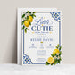 Lemon baby shower invitation with Mediterranean blue tiles and citrus in blue and yellow