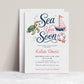 Editable sea you soon girl baby shower invitation Canva template with watercolour sea turtle with pink bow, pink striped sailboat, life ring, starfish, and navy and pink typography on a white background