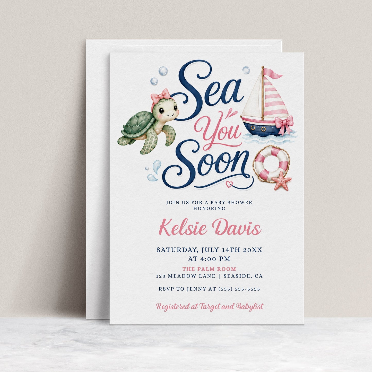 Editable sea you soon girl baby shower invitation Canva template with watercolour sea turtle with pink bow, pink striped sailboat, life ring, starfish, and navy and pink typography on a white background