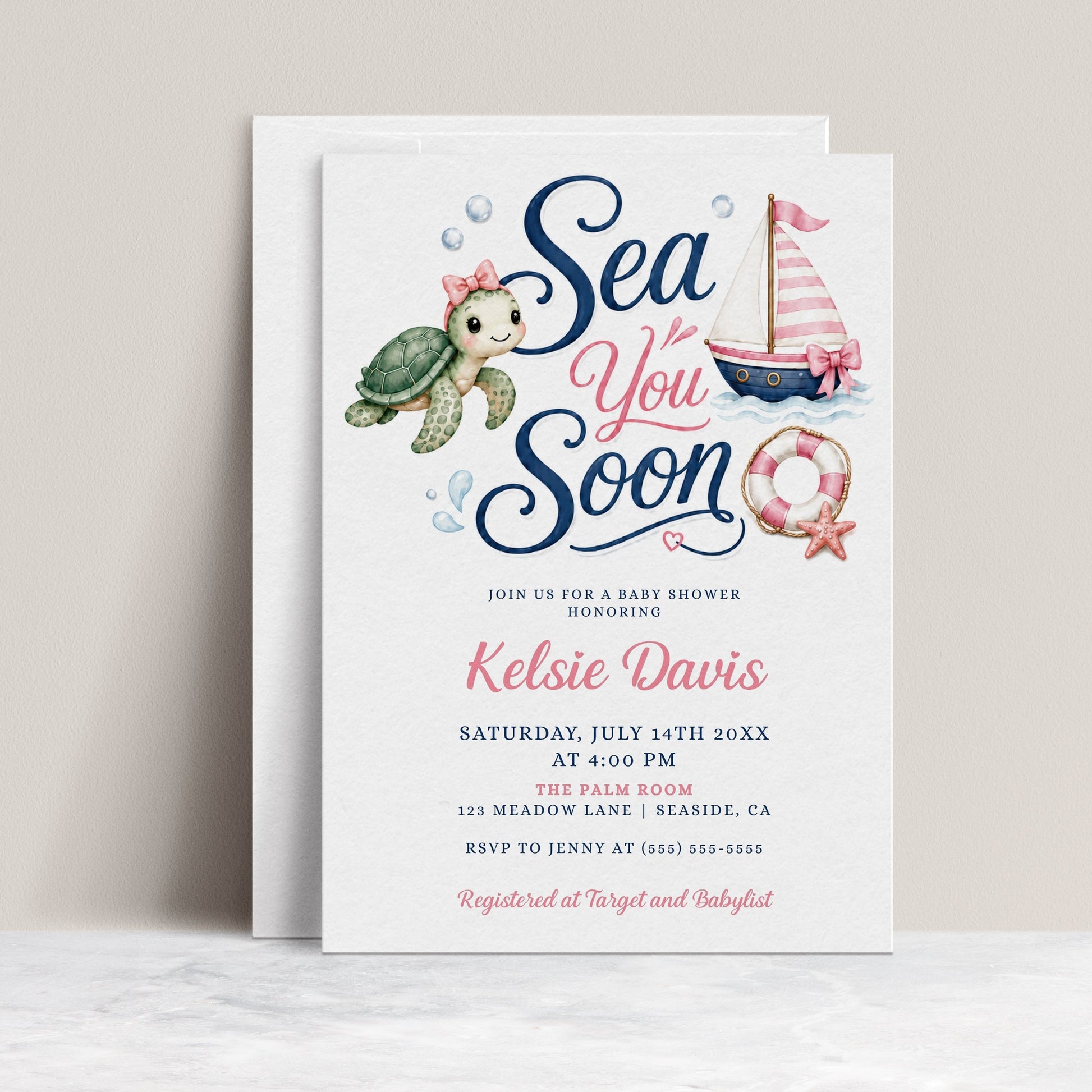 Editable sea you soon girl baby shower invitation Canva template with watercolour sea turtle with pink bow, pink striped sailboat, life ring, starfish, and navy and pink typography on a white background