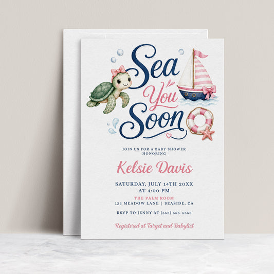 Editable sea you soon girl baby shower invitation Canva template with watercolour sea turtle with pink bow, pink striped sailboat, life ring, starfish, and navy and pink typography on a white background