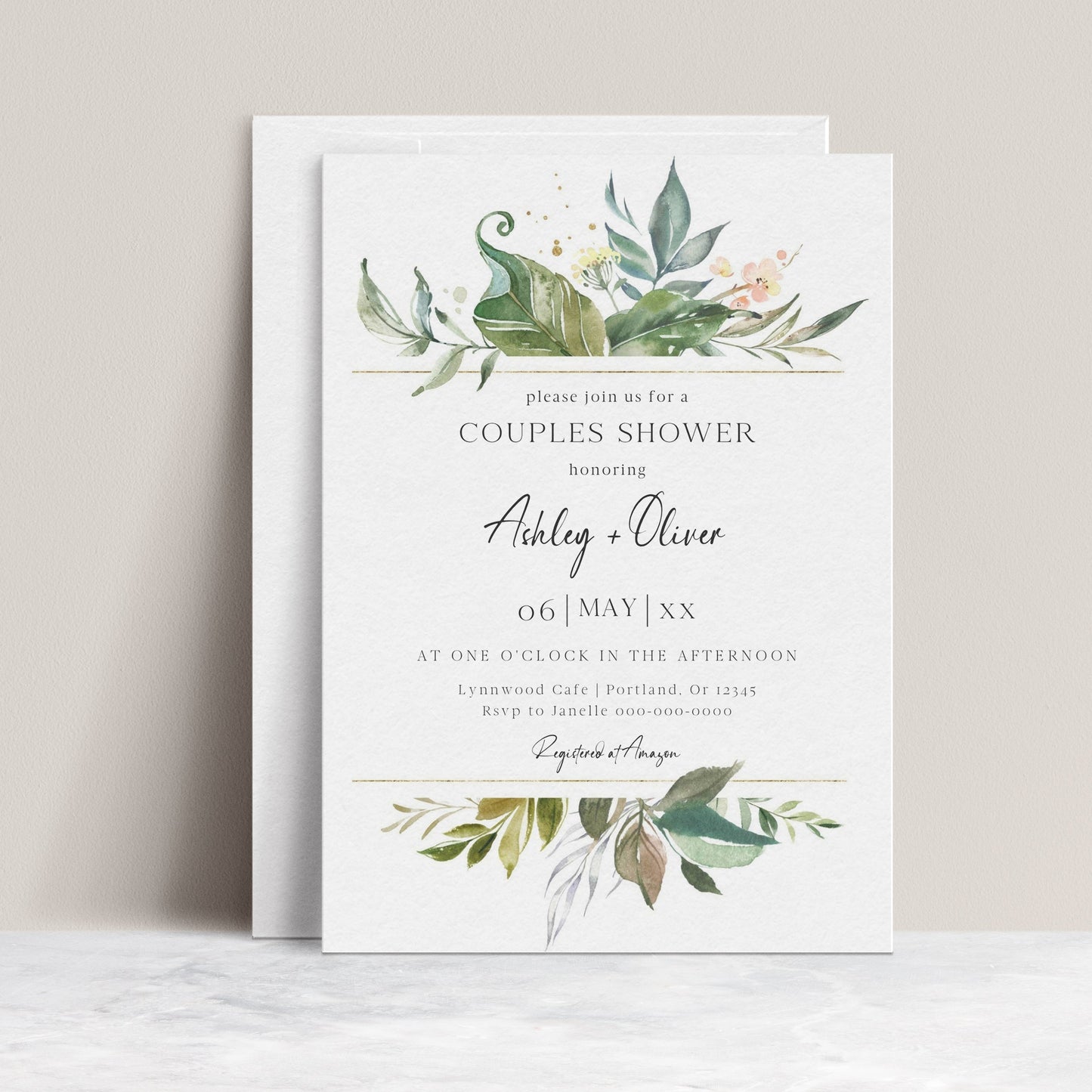 Greenery botanical couples shower invitation template with watercolor tropical leaves, gold line borders, and peach floral accent, editable in Canva