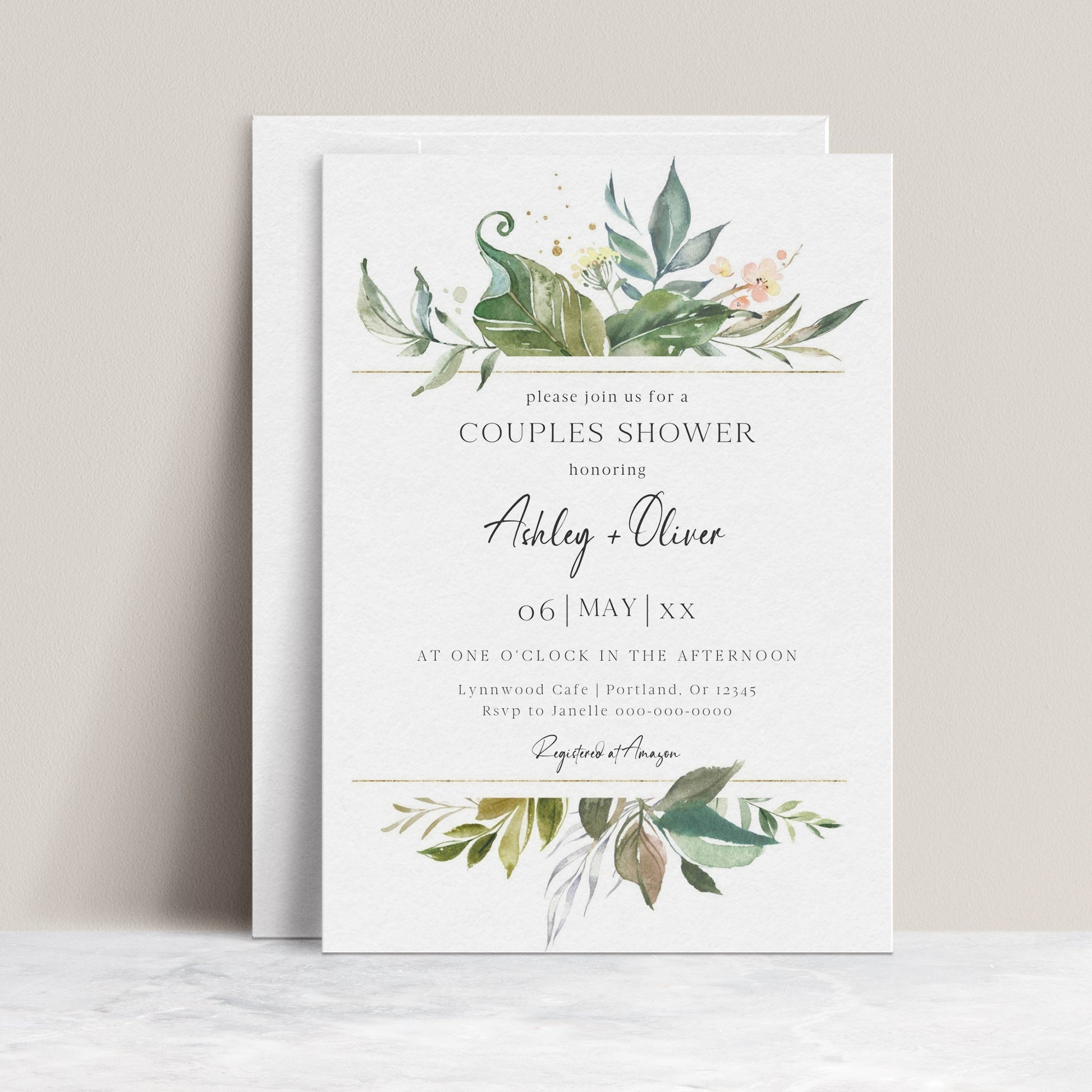 Greenery botanical couples shower invitation template with watercolor tropical leaves, gold line borders, and peach floral accent, editable in Canva