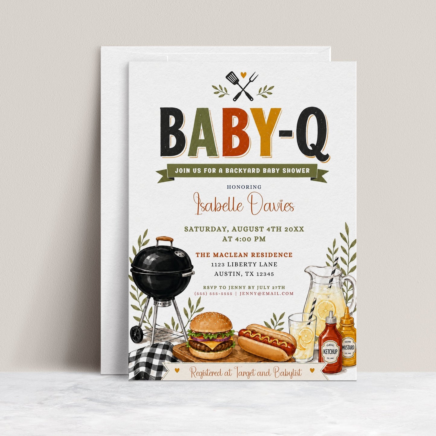 BBQ baby shower invitation with a backyard cookout theme in olive green, mustard, and rust orange