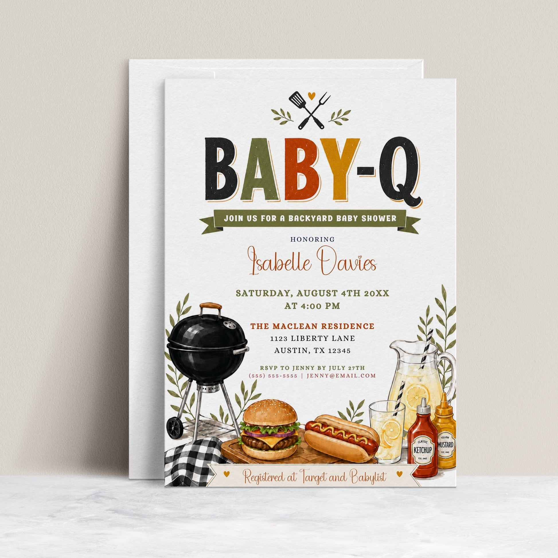 BBQ baby shower invitation with a backyard cookout theme in olive green, mustard, and rust orange