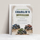 Monster truck birthday invitation featuring blue, red and green trucks racing over muddy hills with tire-track details.
