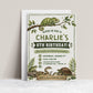 Reptile birthday invitation with chameleon, snake, frog, turtle, leafy greenery, and rustic animal encounter birthday party details