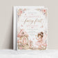 Fairy first birthday invitation with pink fairy, mushroom cottage, butterflies, flowers, bunny, and whimsical woodland birthday party details