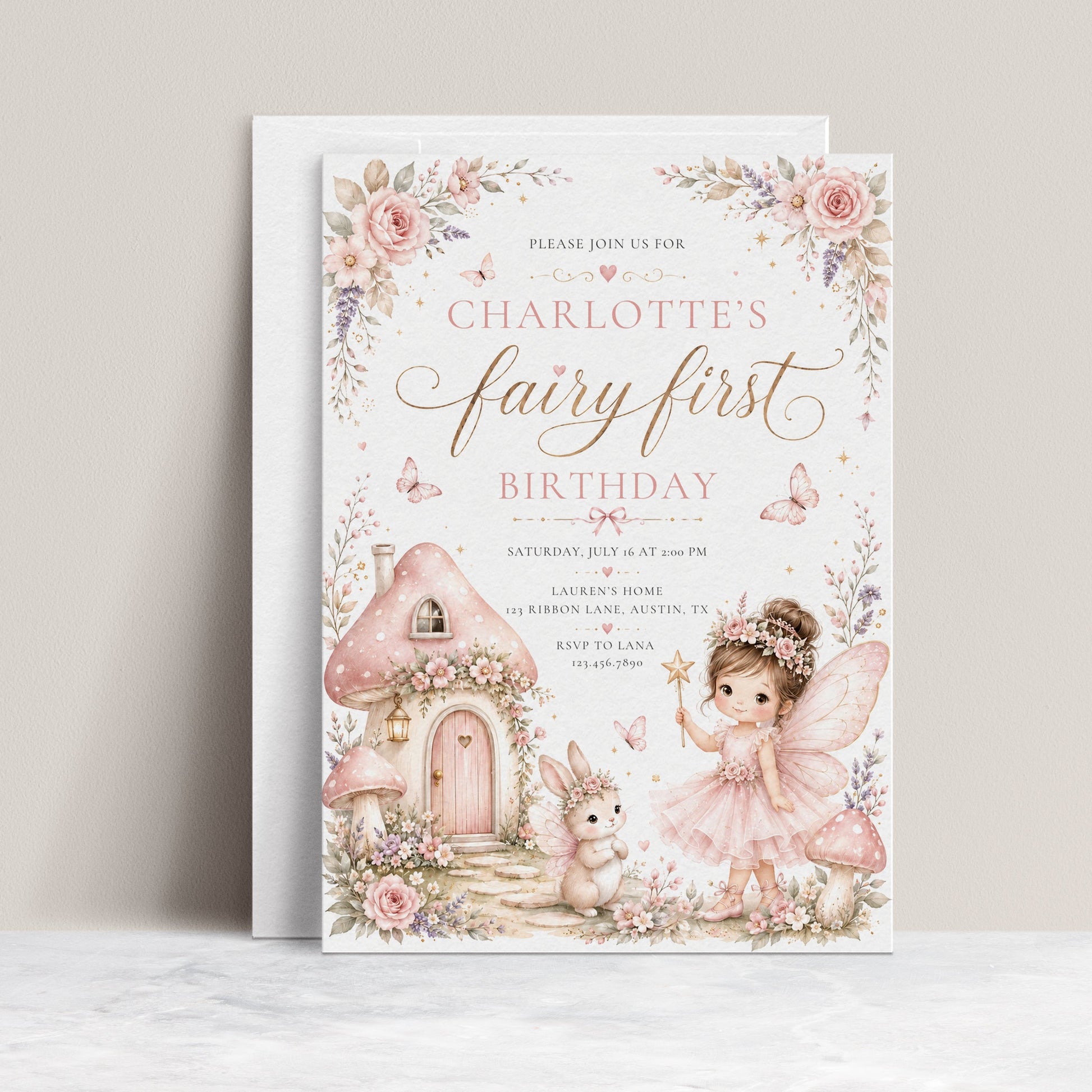 Fairy first birthday invitation with pink fairy, mushroom cottage, butterflies, flowers, bunny, and whimsical woodland birthday party details
