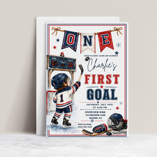 Hockey first birthday invitation with toddler hockey player, goal net, scoreboard, skates, puck, stick, helmet, gloves, snowflakes, and red navy sports details