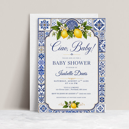 Italian ciao baby shower invitation with blue Mediterranean tiles and lemons in blue, white, and yellow