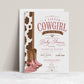 Little cowgirl baby shower invitation featuring pink cowboy boots, a pink bandana, brown cow-print border, horseshoes and western details.