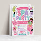 Spa party birthday invitation with face mask, robe, nail polish, cucumber slices, slippers, flowers, glam cream, hearts, and pink teal purple details