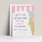 Pastel ice cream sprinkle first birthday party invitation template with watercolor ice cream cone and colorful sprinkles, editable in Canva
