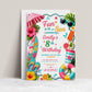 Fun in the sun summer birthday invitation with a surfboard, pool float, and tropical flowers in pink, turquoise, and yellow