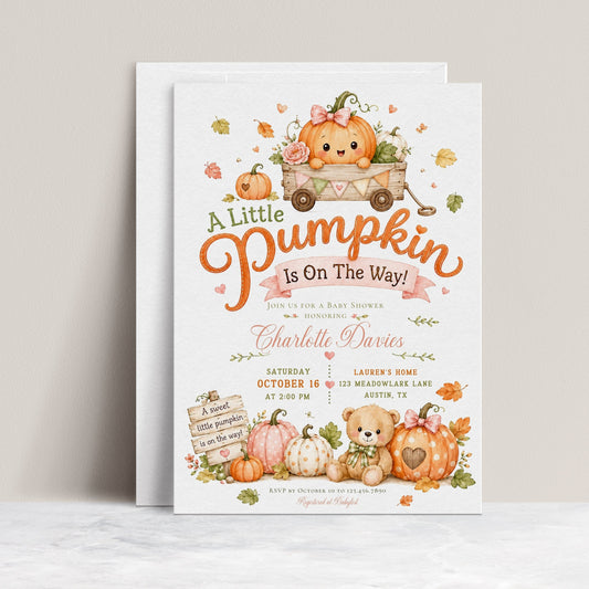 Little pumpkin baby shower invitation with pumpkins, teddy bear, wooden wagon, autumn leaves, pink bows, rustic sign, florals, and soft fall details