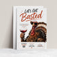 Friendsgiving invitation with Let’s Get Basted headline and illustrated turkey wearing sunglasses and holding a glass of red wine