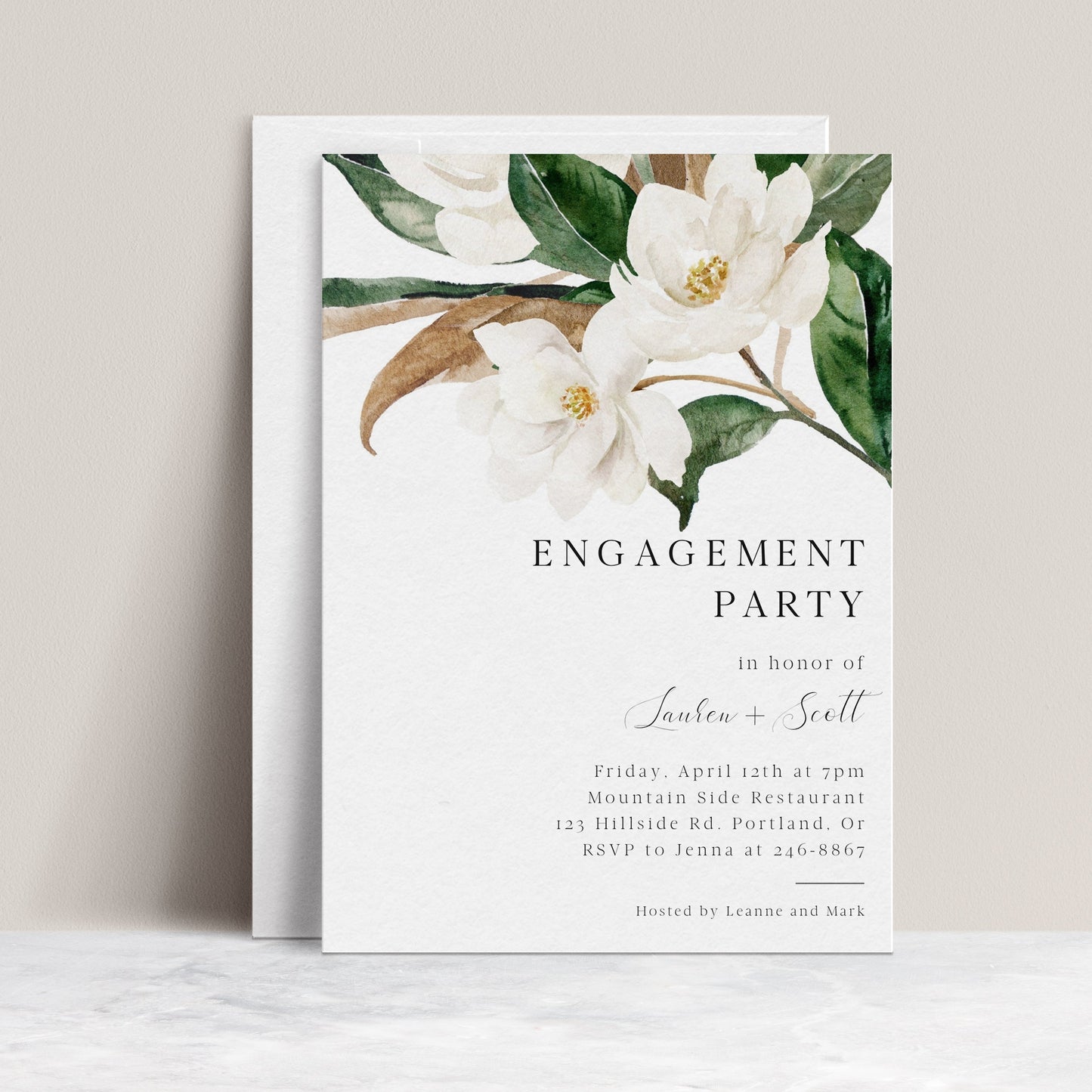 Editable white magnolia engagement party invitation Canva template with oversized watercolour magnolia blooms, deep green leaves, and bold spaced serif typography on a white background