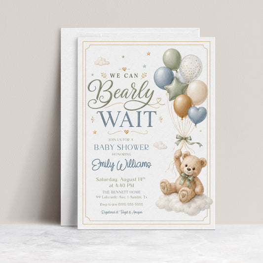 We can bearly wait baby shower invitation with a teddy bear and balloons in sage green, dusty blue, and gold