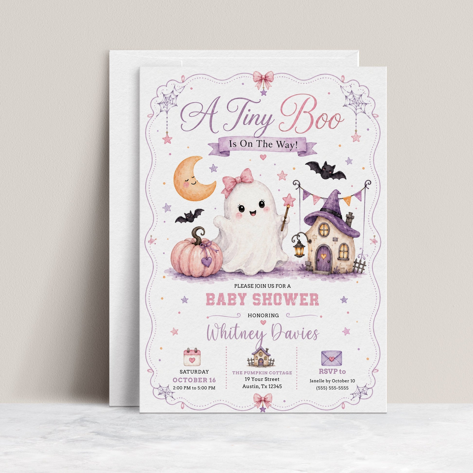 Halloween girl baby shower invitation with cute ghost, pink pumpkin, bats, crescent moon, haunted house, spiderwebs, stars, and pastel Halloween baby shower details