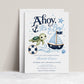 Editable ahoy it's a boy baby shower invitation Canva template with navy and sky blue nautical theme, sea turtle, sailboat, anchor, and ocean waves on a white background