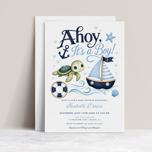 Editable ahoy it's a boy baby shower invitation Canva template with navy and sky blue nautical theme, sea turtle, sailboat, anchor, and ocean waves on a white background
