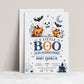 Little boo boy baby shower invitation with cute ghost, blue bow tie, pumpkins, bats, crescent moon, spiderweb, haunted house, and spooky-cute Halloween details