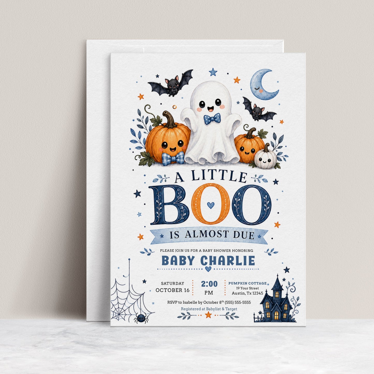 Little boo boy baby shower invitation with cute ghost, blue bow tie, pumpkins, bats, crescent moon, spiderweb, haunted house, and spooky-cute Halloween details