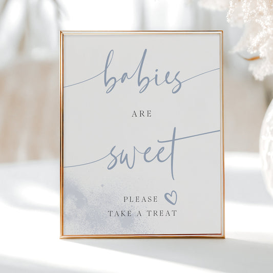 Blue “Babies Are Sweet” sign for baby shower treat table | www.foreveryourprints.com