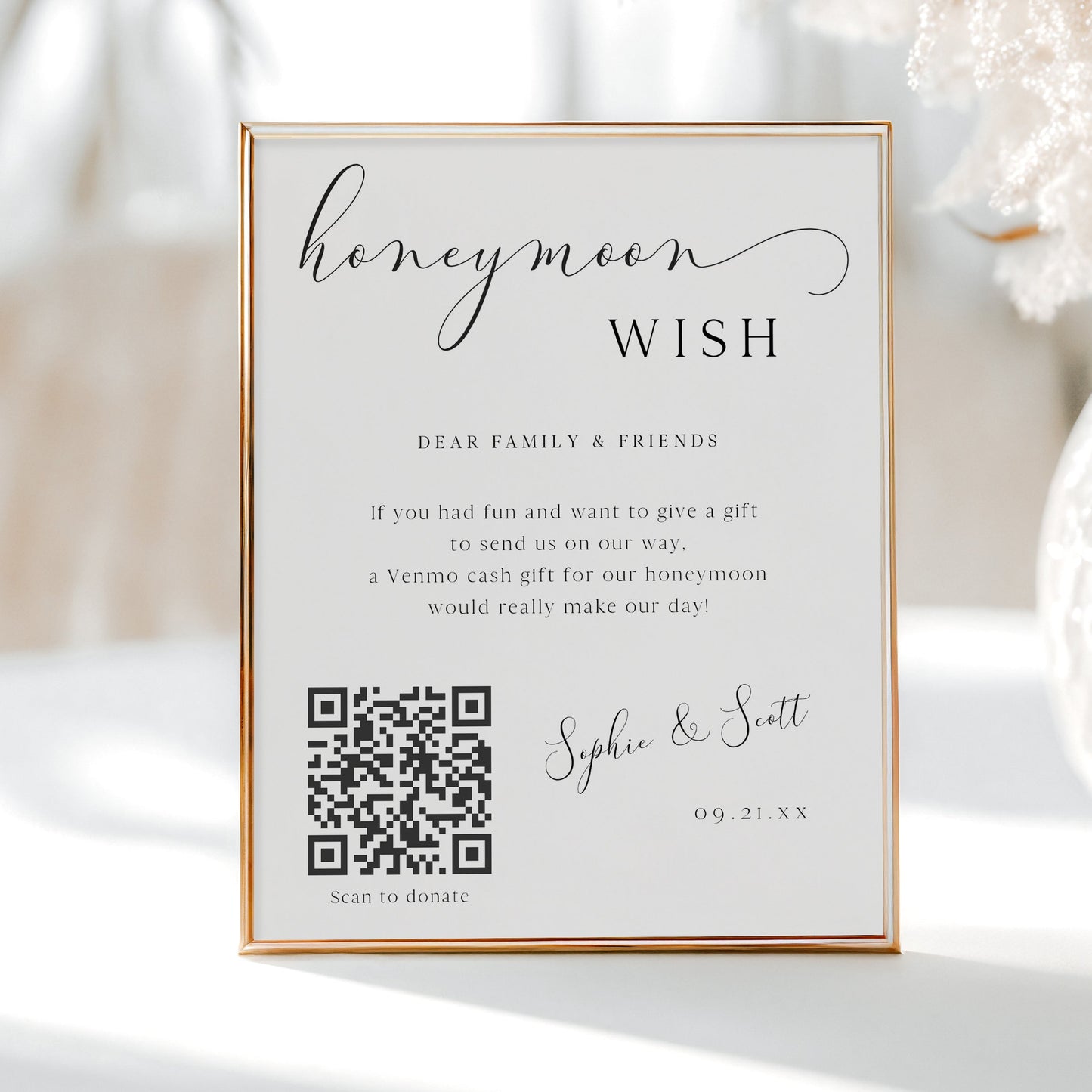 Minimalist black and white honeymoon wish sign template with calligraphy script and QR code placeholder for Venmo, editable in Canva