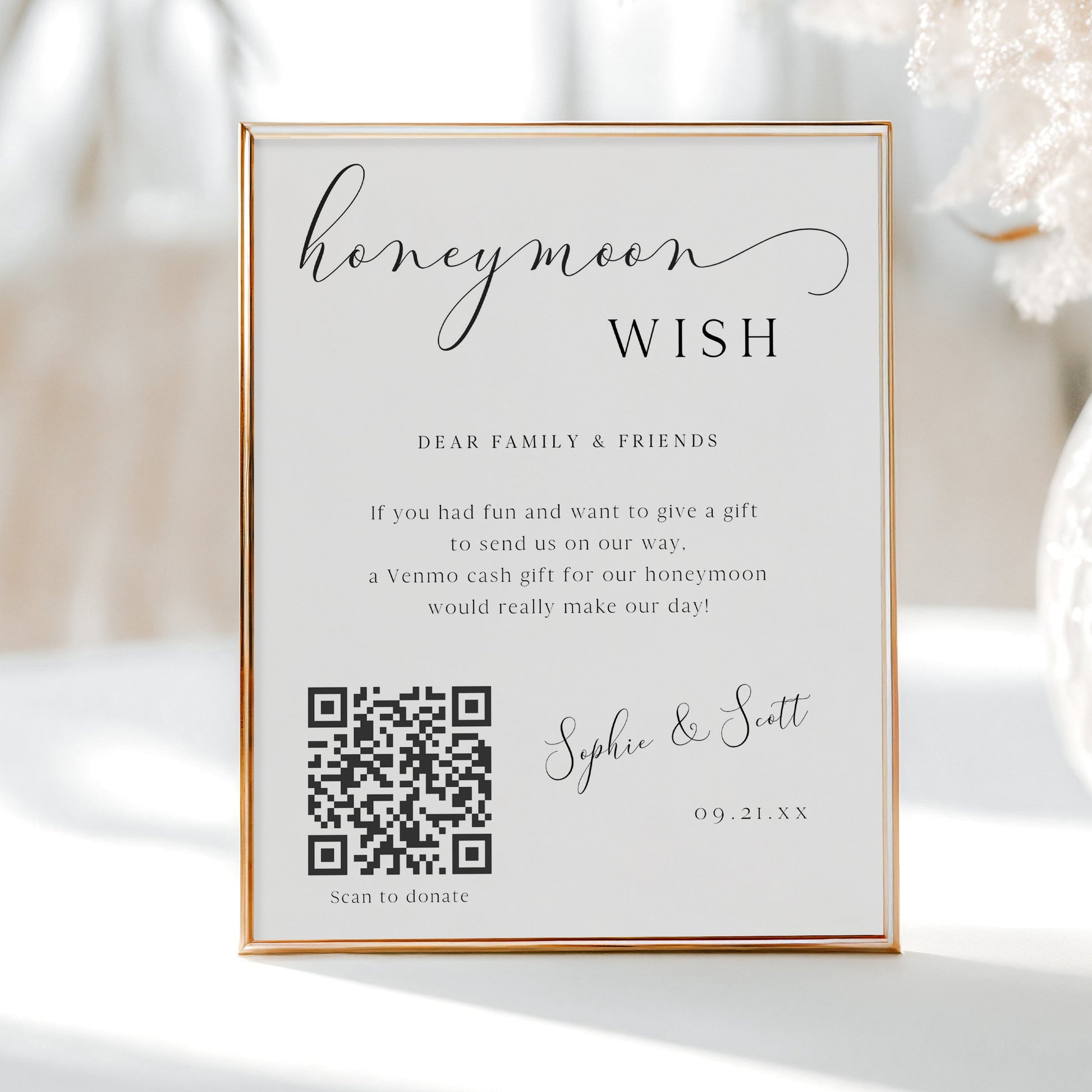 Minimalist black and white honeymoon wish sign template with calligraphy script and QR code placeholder for Venmo, editable in Canva