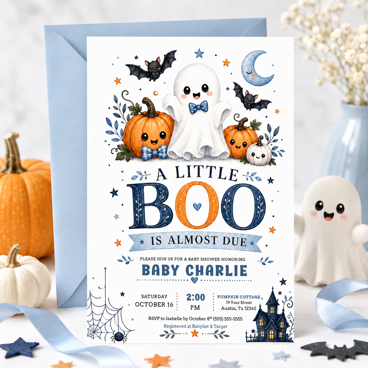 Little boo boy baby shower invitation with cute ghost, blue bow tie, pumpkins, bats, crescent moon, spiderweb, haunted house, and spooky-cute Halloween details