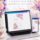 Editable baby in bloom butterfly baby shower invitation Canva template with watercolour peonies, roses, anemones, lavender, and purple and pink butterflies on a soft white background