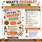 Thanksgiving party invitation with Let’s Get Sauced headline, cartoon turkey, pumpkin pie, gravy boat, sauce bottle, and orange and green fall details
