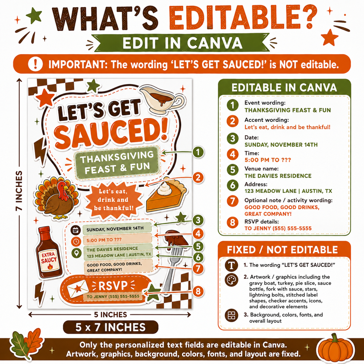 Thanksgiving party invitation with Let’s Get Sauced headline, cartoon turkey, pumpkin pie, gravy boat, sauce bottle, and orange and green fall details