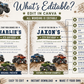 Monster truck birthday invitation featuring blue, red and green trucks racing over muddy hills with tire-track details.
