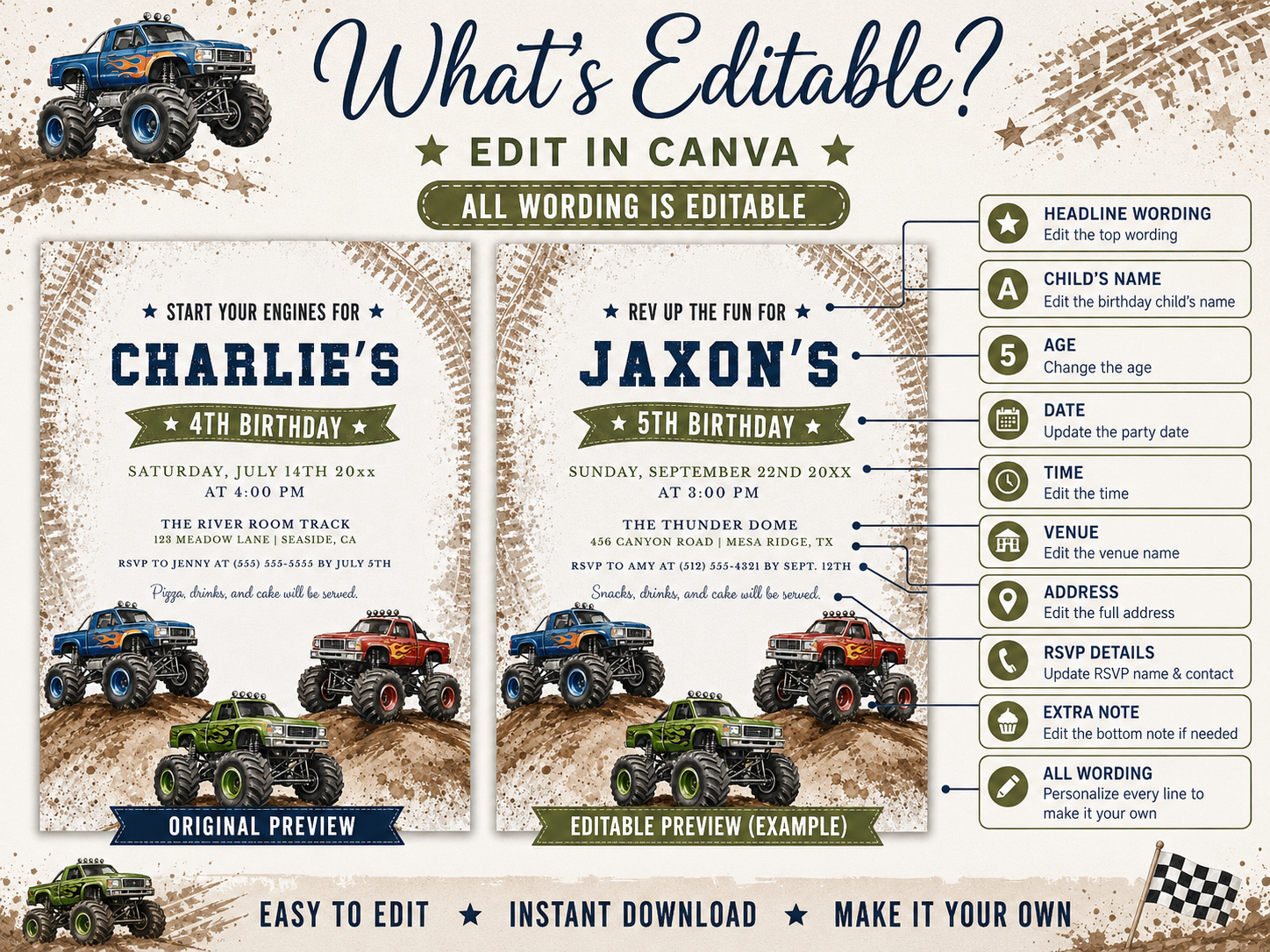 Monster truck birthday invitation featuring blue, red and green trucks racing over muddy hills with tire-track details.
