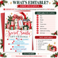 Secret Santa gift exchange invitation with red, green, and pink wrapped presents, oversized ribbon bows, a Santa hat, evergreen sprigs, holly berries, and gold stars