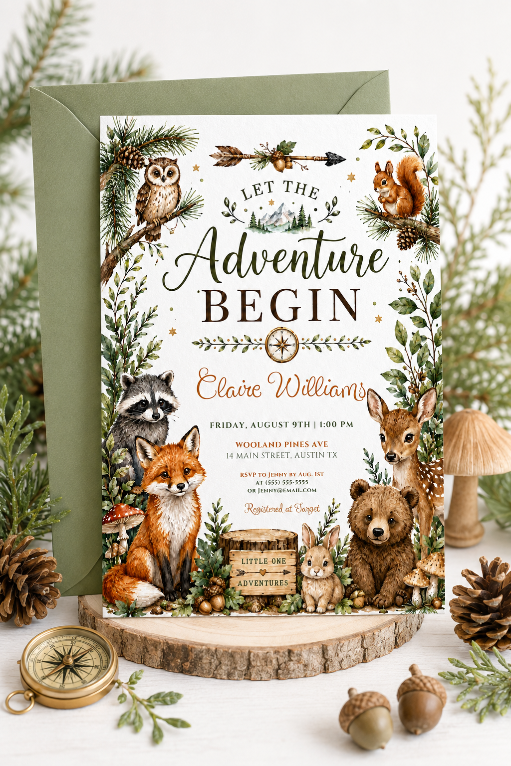 Woodland baby shower invitation with fox, bear, deer, raccoon, bunny, owl, squirrel, greenery, pine branches, mushrooms, acorns, and adventure details
