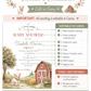 Little farm baby shower invitation with red barn, apple tree, piglet, hay bale, flower cart, rolling hills, fence, wildflowers, and soft farmhouse details