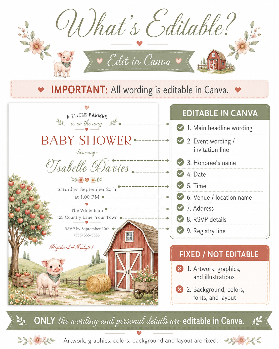 Little farm baby shower invitation with red barn, apple tree, piglet, hay bale, flower cart, rolling hills, fence, wildflowers, and soft farmhouse details