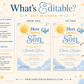 Editable here comes the son baby shower invitation Canva template with smiling sun, blue toy airplane, fluffy clouds, and bold navy and sky blue typography on a soft cream background, shown as a flat lay mockup